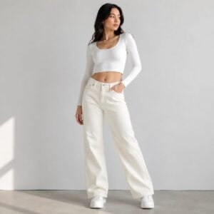 Thewedd Minimalist White Straight-Fit Non-Stretch Cotton Denim Jeans