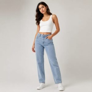 Thewedd Minimalist Light Blue Straight-Fit Non-Stretch Cotton Denim Jeans